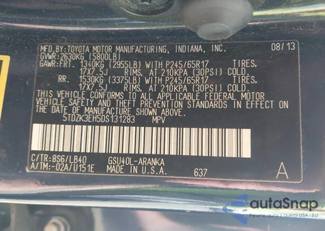 2013 Toyota Highlander Se V6 z USA, uszkodzony, nr VIN 5TDZK3EH5DS131283